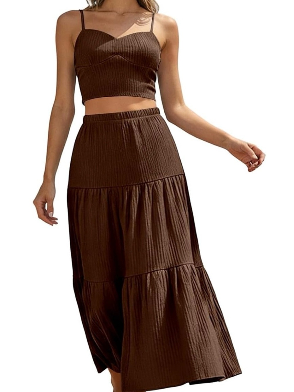 Women’s Brown Tiered Maxi Skirt With Tank Top